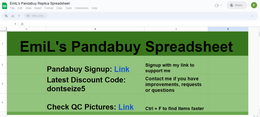 EmiL's Pandabuy Replica Spreadsheet