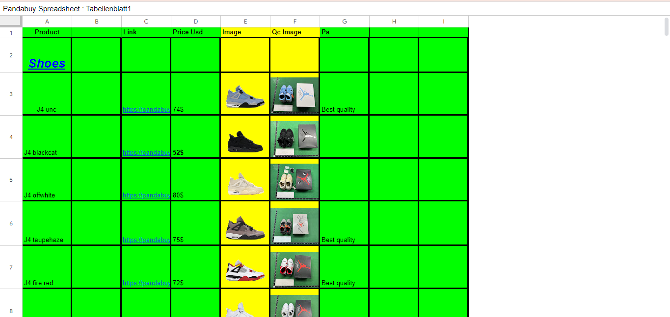 Tabellenblatt1's Spreadsheet - Shoes, Jackets, Pants, Tracksuits